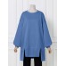 Women Thick Loose Side Fork Solid Color Puff Sleeve Pullover Sweatshirt