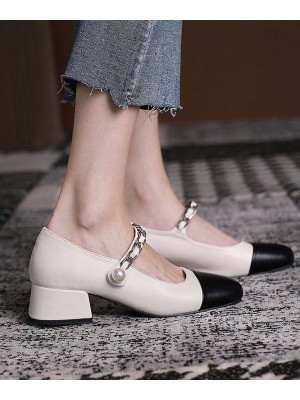 Beige Faux Leather Patchwork Casual Buckle Strap Chunky High Heels