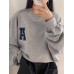 Women Printed Solid Letter Narrow Cuffs Long Sleeve Pullover Sweatshirt