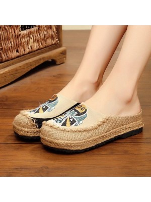 Beige Embroideried Linen Fabric Slippers Shoes Splicing